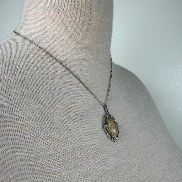 Vintage Art Nouveau Inspired Agate Pendant on Chain Silver Tone 18" - Picture 4 of 5